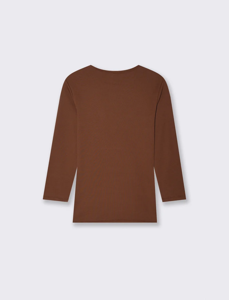 T-shirt basica a costine girocollo 3/4 - Marrone cioccolato