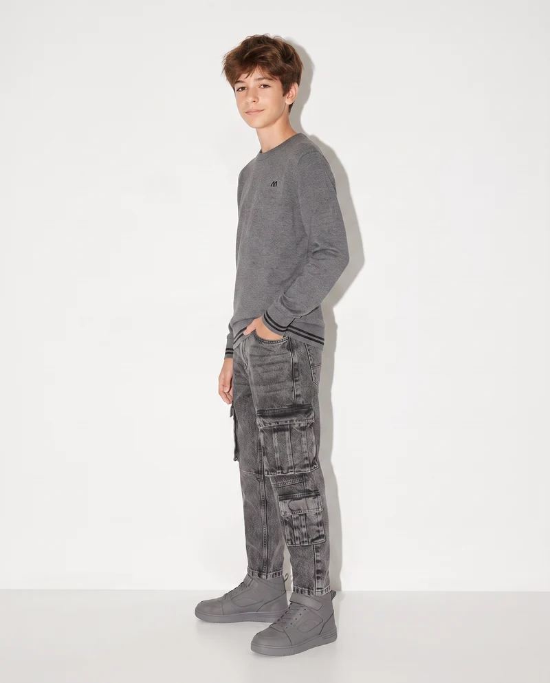 Maglioncino girocollo con toppe maniche - Grigio