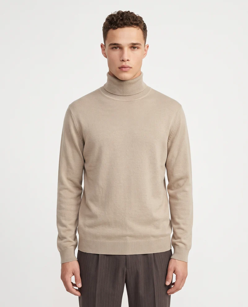 Maglia Collo Alto Misto Viscosa Basic - Sabbia