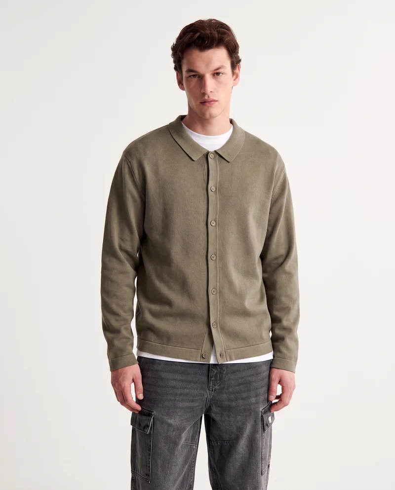 Maglia polo cardigan in misto viscosa - Verde kaki