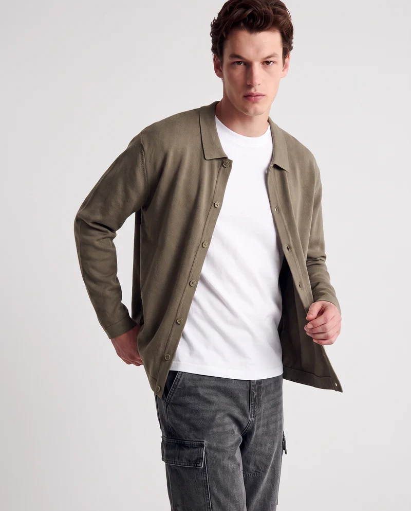 Maglia polo cardigan in misto viscosa - Verde kaki
