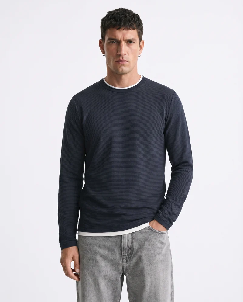 T-shirt maniche lunghe con orli a contrasto - Blu