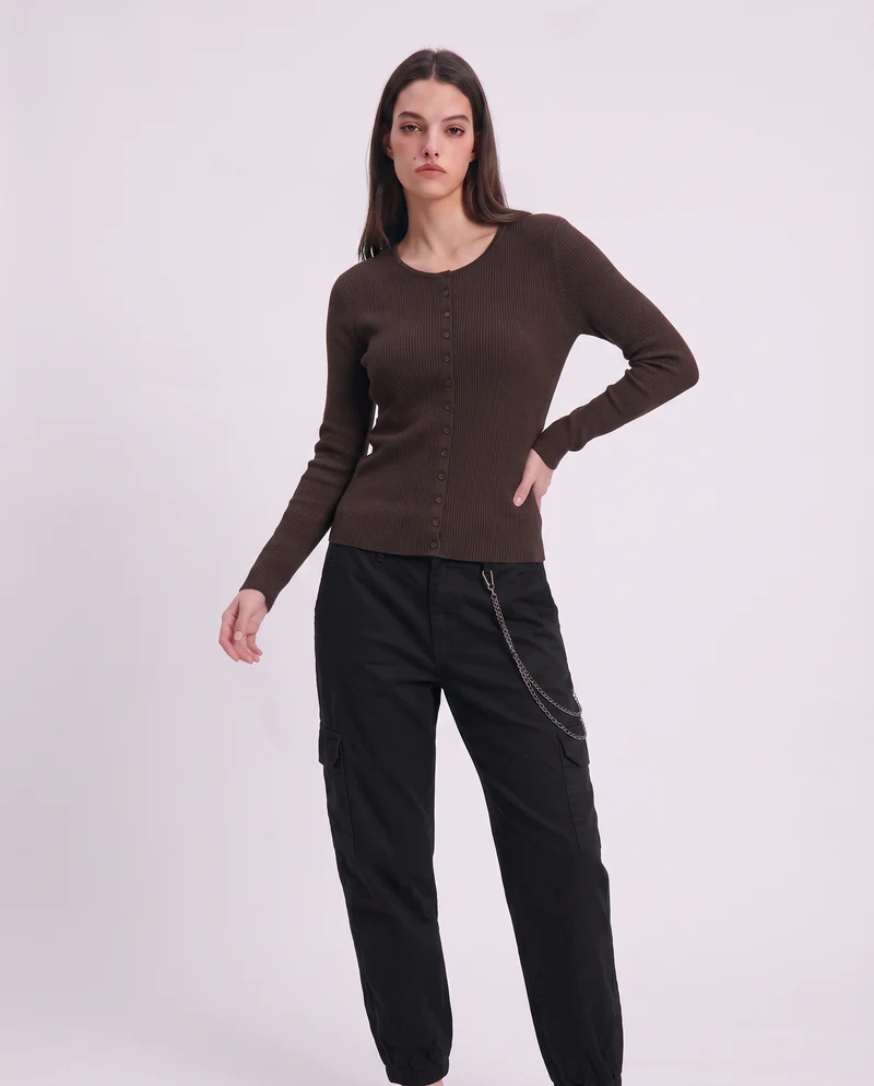 Cardigan paricollo con bottoni in tinta - Marrone cioccolato