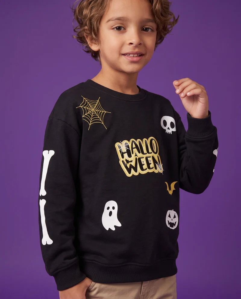 Felpa girocollo Halloween con stampe festive - Nero