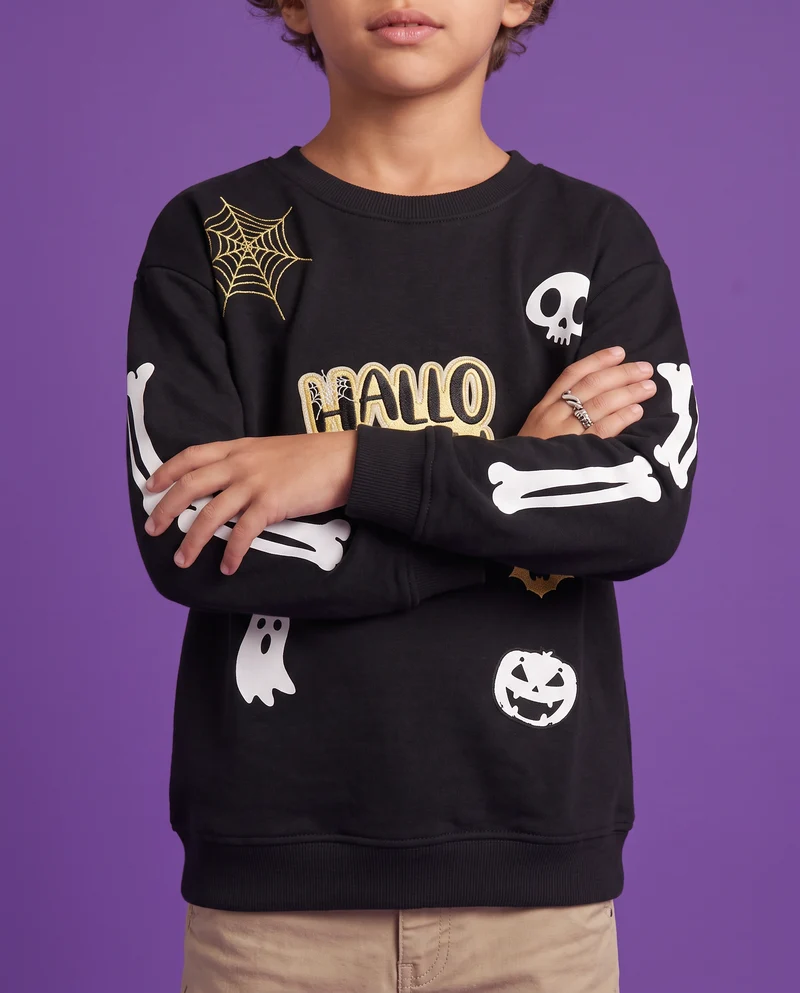 Felpa girocollo Halloween con stampe festive - Nero