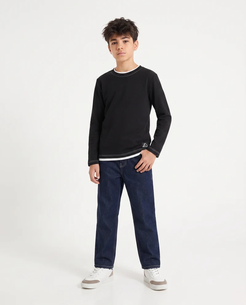T-shirt girocollo minimal in cotone waffle - Nero