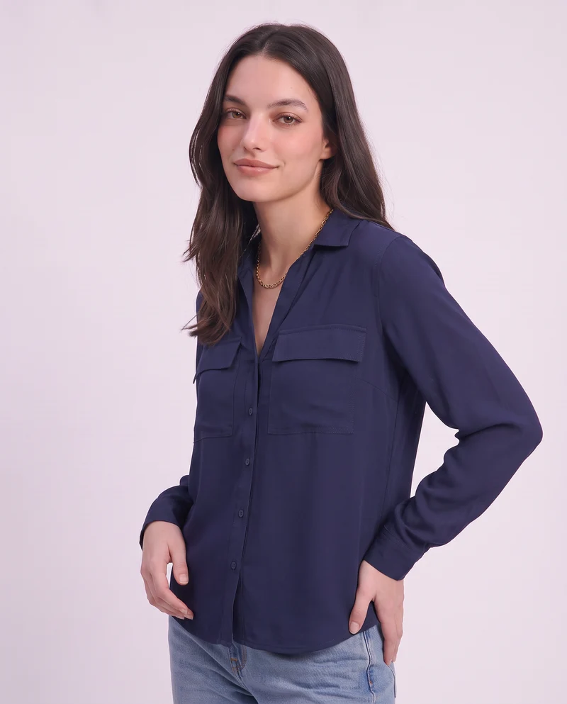 Camicia manica lunga con tasche frontali - Blu