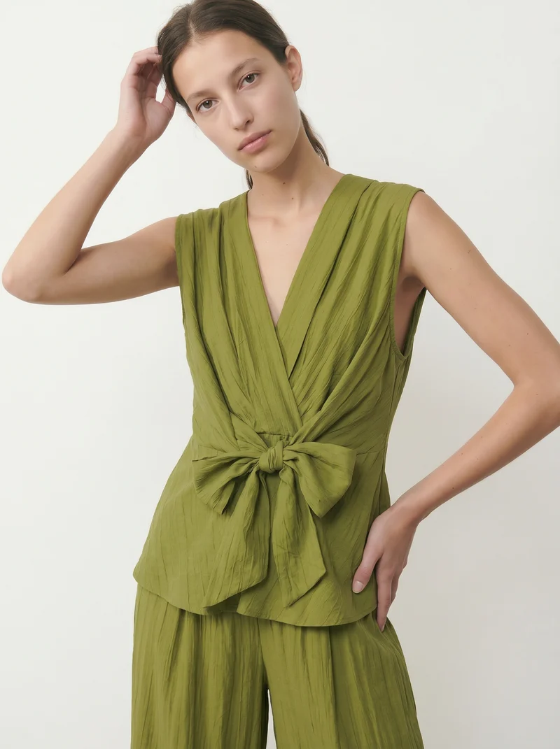 Top giromanica scollo a v con fiocco donna - Verde