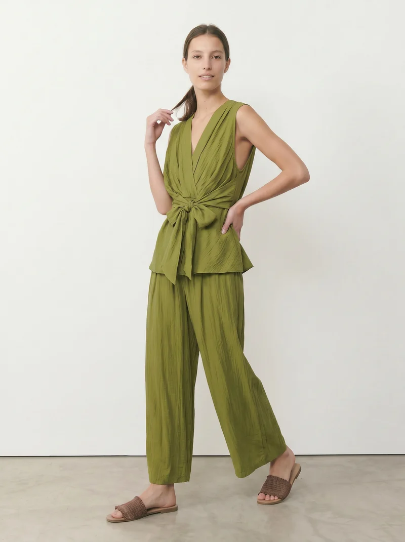 Top giromanica scollo a v con fiocco donna - Verde
