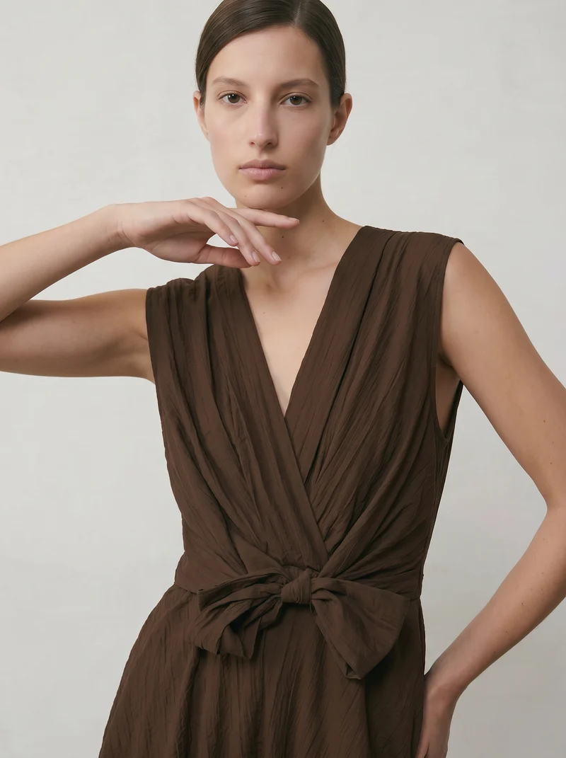 Top giromanica scollo a v con fiocco donna - Moro