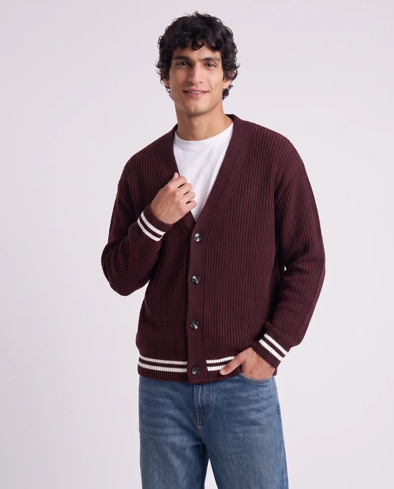 Maglia Cardigan con Bottoni e Contrasto - Bordeaux