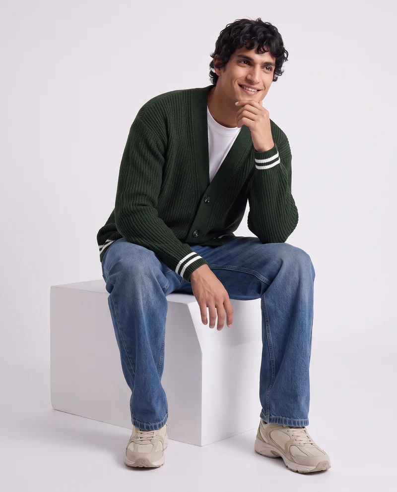Maglia Cardigan con Bottoni e Contrasto - Verde scuro