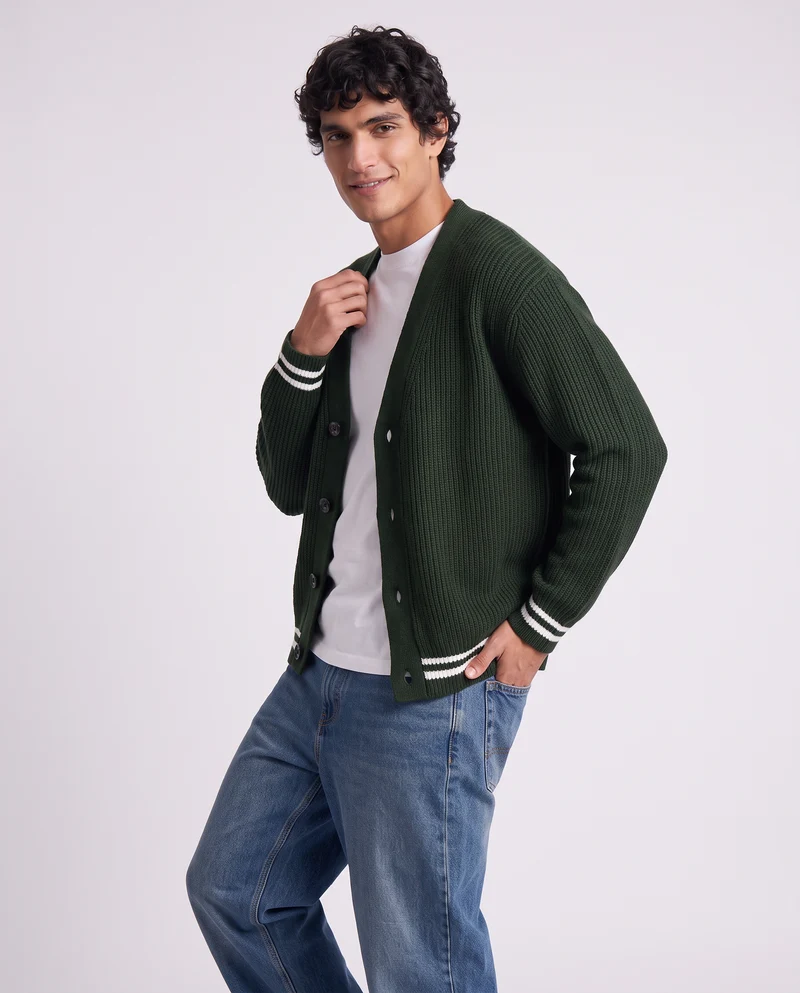 Maglia Cardigan con Bottoni e Contrasto - Verde scuro