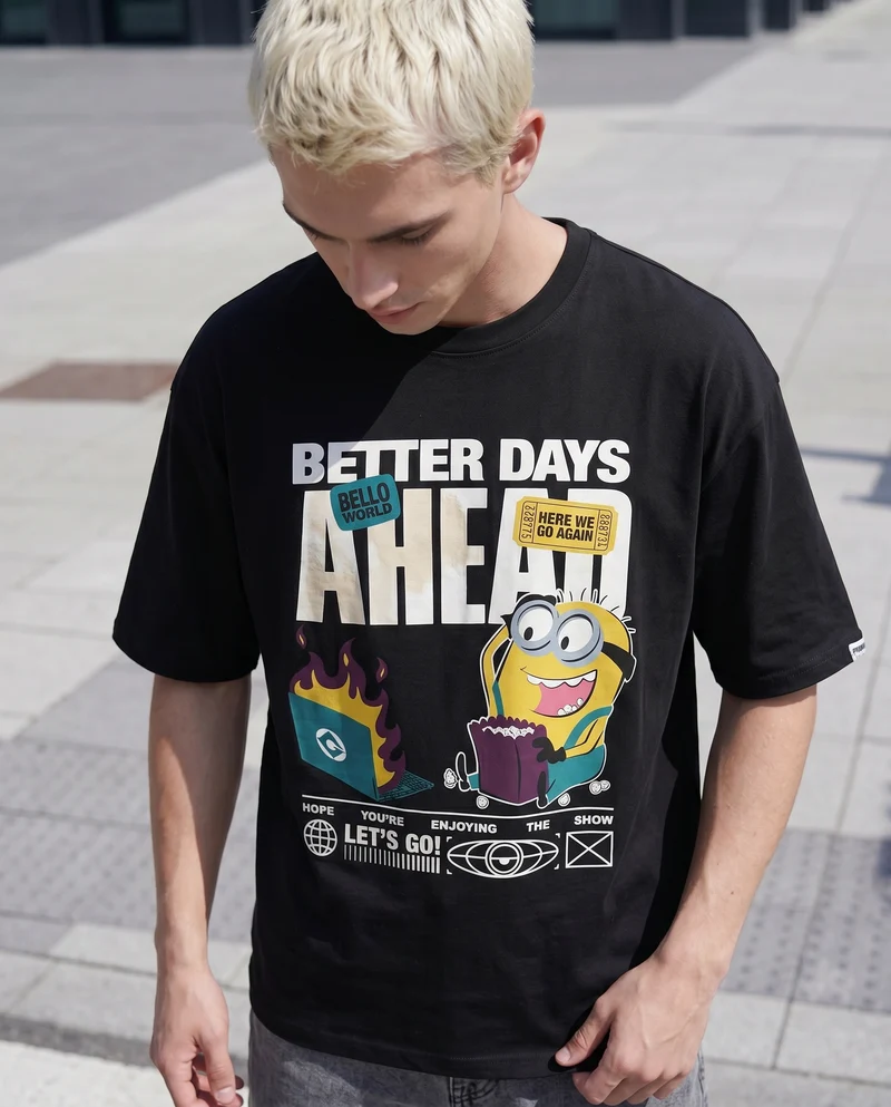 T-Shirt Minions Uomo Girocollo Boxy Fit - Nero