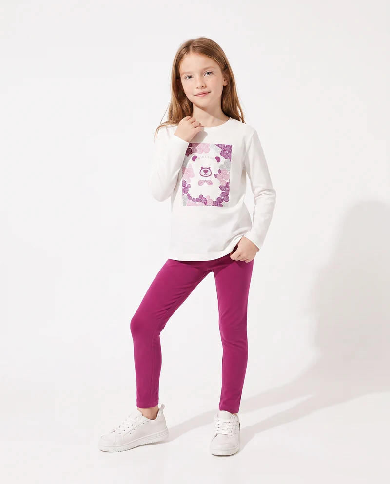 T-shirt in cotone manica lunga regolare - Bianco latte