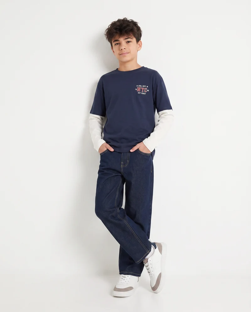 T-shirt mezza manica in cotone con stampa - Blu