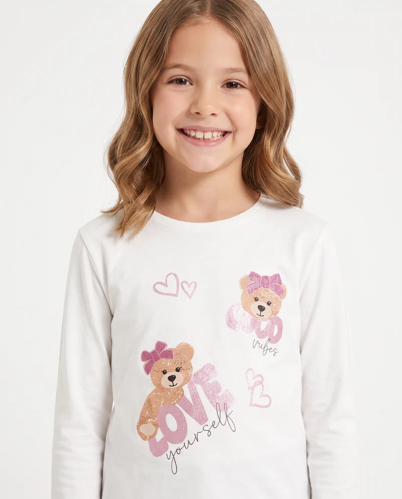 T-Shirt manica lunga con stampa colorata - Bianco latte