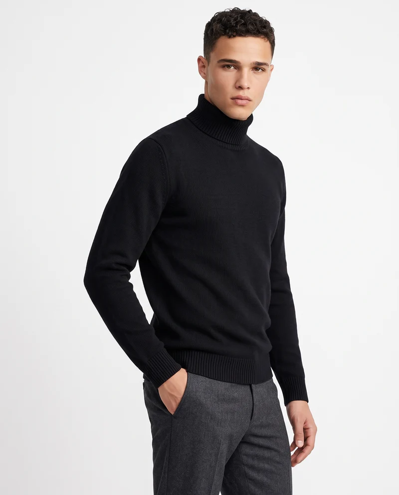 Maglia Collo Alto Misto Viscosa Basic - Blu