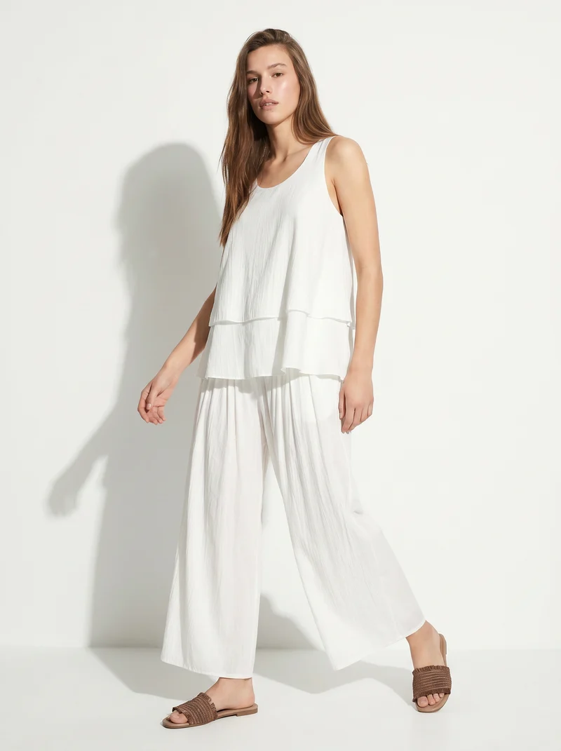 Top giromanica con scollo rotondo e balze - Bianco