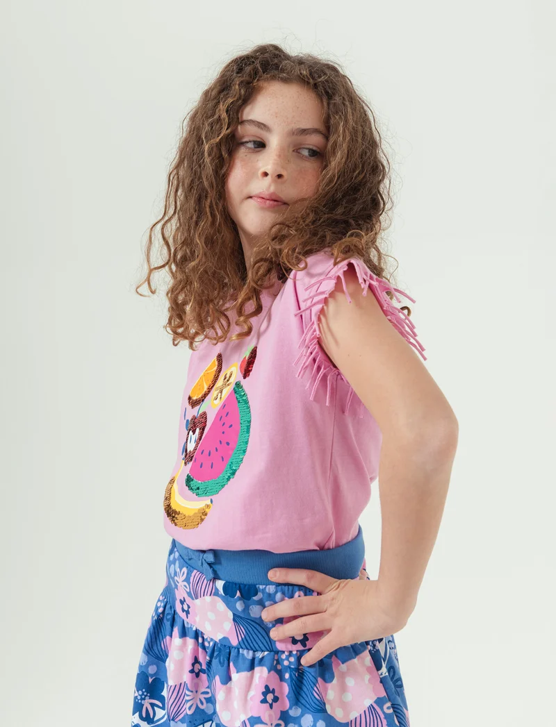 T-shirt con stampa e paillettes da bambina - Rosa