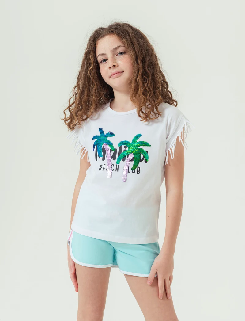 T-shirt con stampa e paillettes da bambina - Bianco