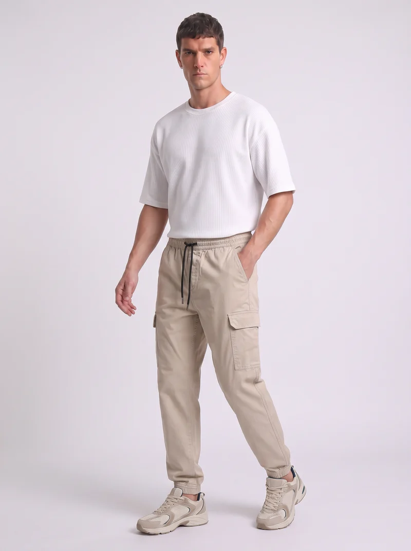 Pantaloni Cargo Fit in Cotone Elasticizzato - Beige