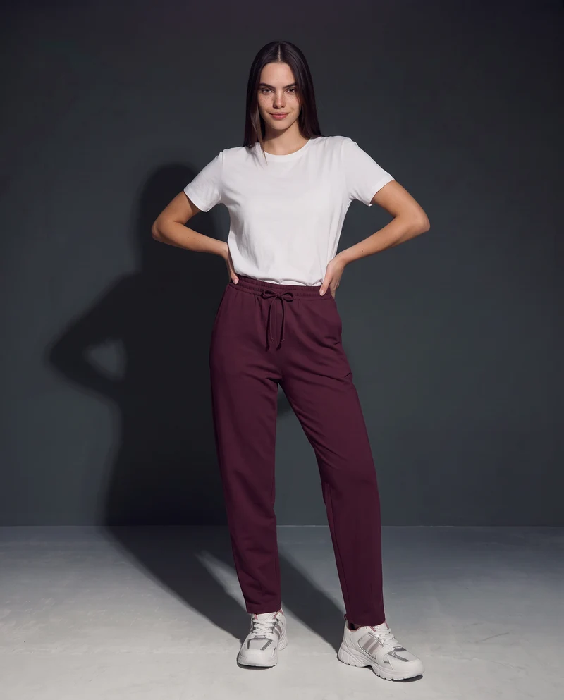 Pantalone basico con vita arricciata - Viola prugna