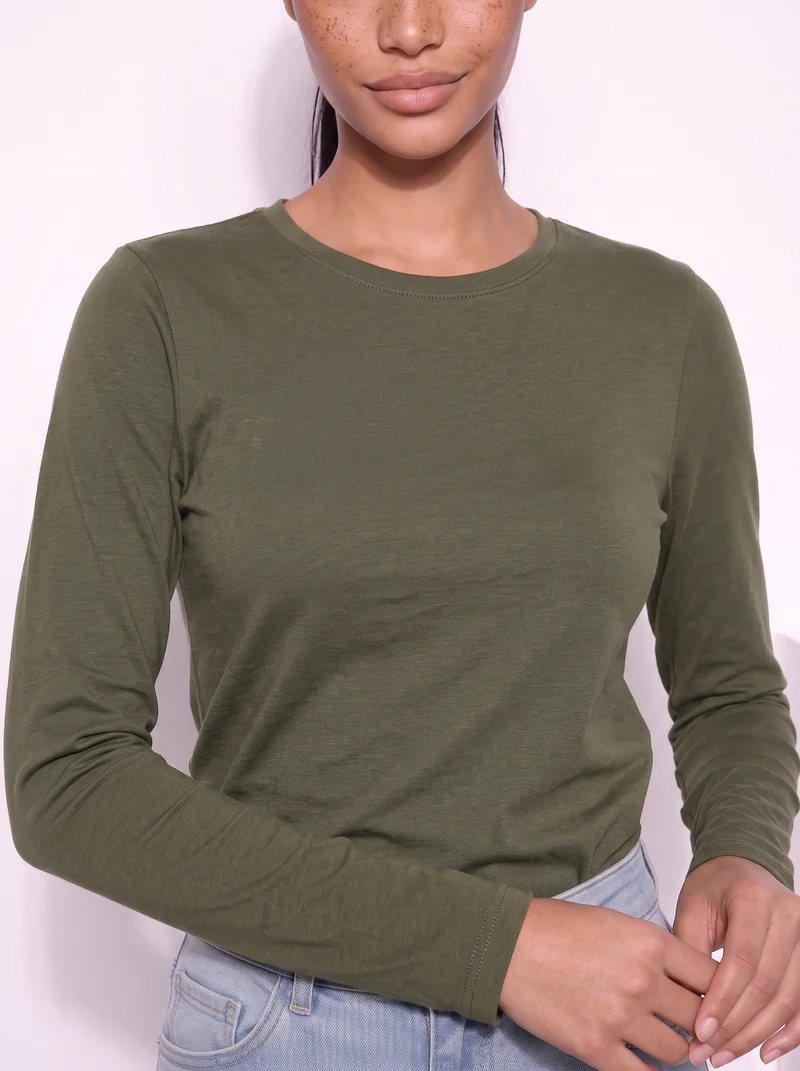 T-shirt basica manica lunga girocollo - Verde salvia