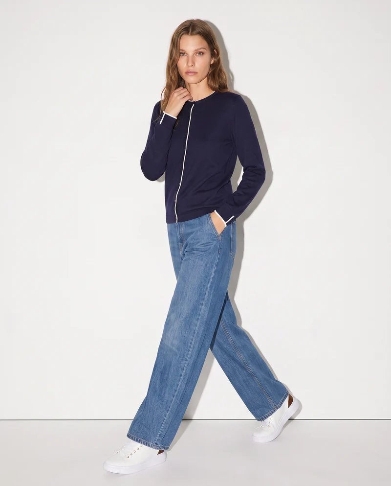 Cardigan girocollo con contrasto elegante - Blu