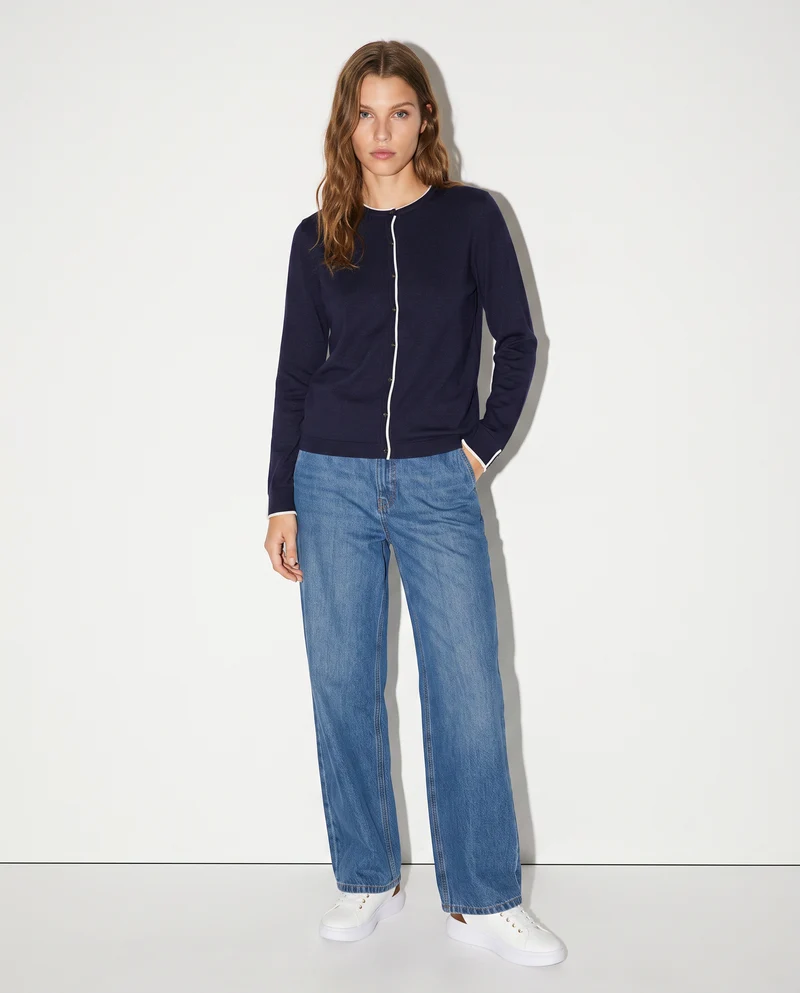 Cardigan girocollo con contrasto elegante - Blu