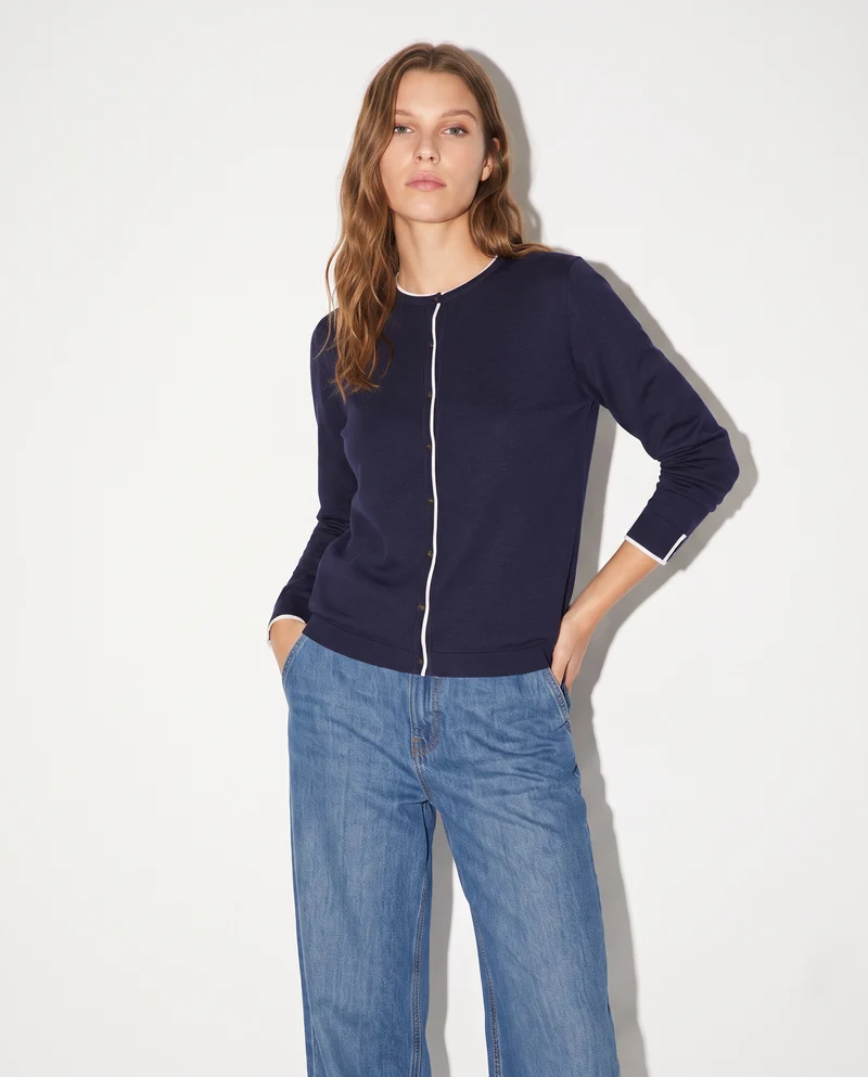Cardigan girocollo con contrasto elegante - Blu