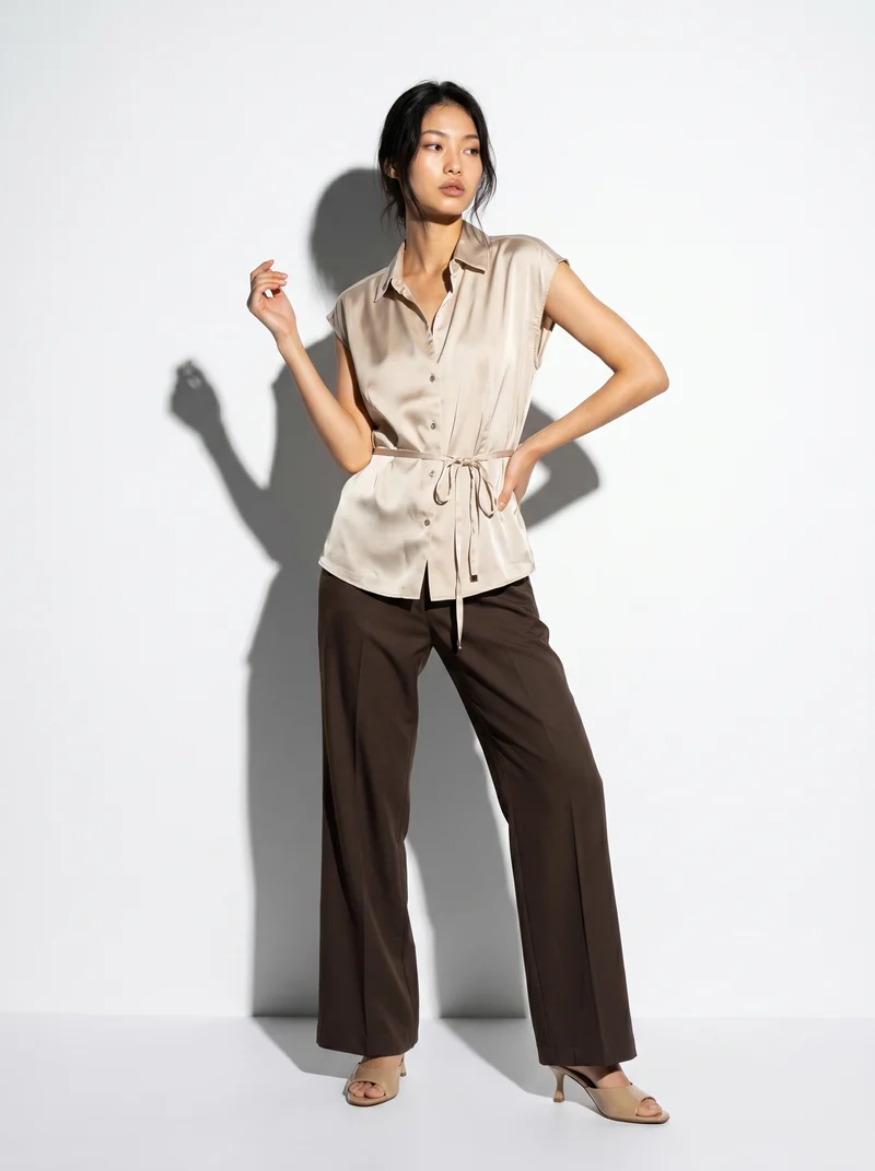 Camicia smanicata in satin lucido - Beige grano