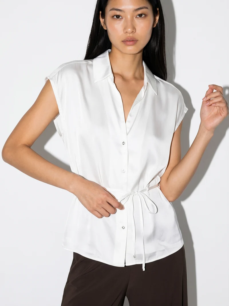 Camicia smanicata in satin lucido - Avorio