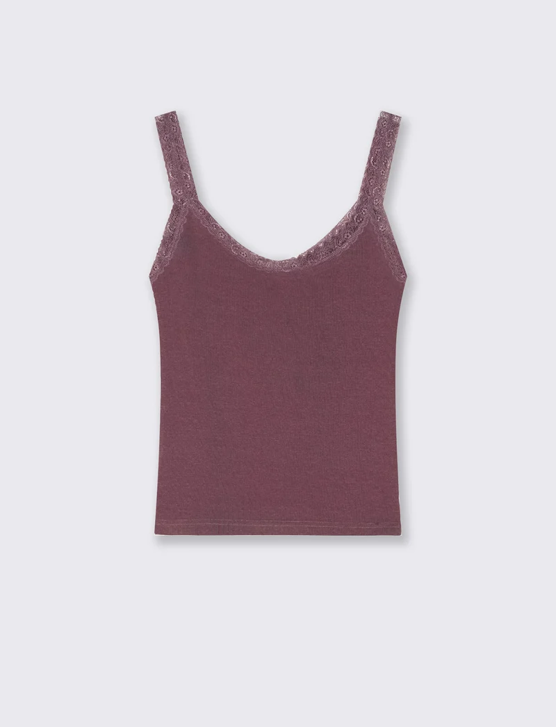 Top giromanica a costine con pizzo - Rosso amarena