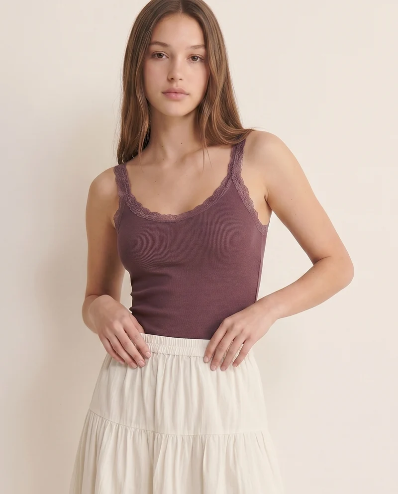 Top giromanica a costine con pizzo - Rosso amarena