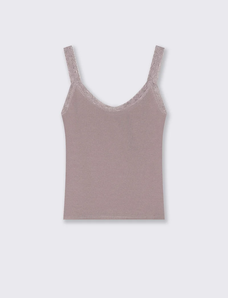 Top giromanica a costine con pizzo - Viola glicine