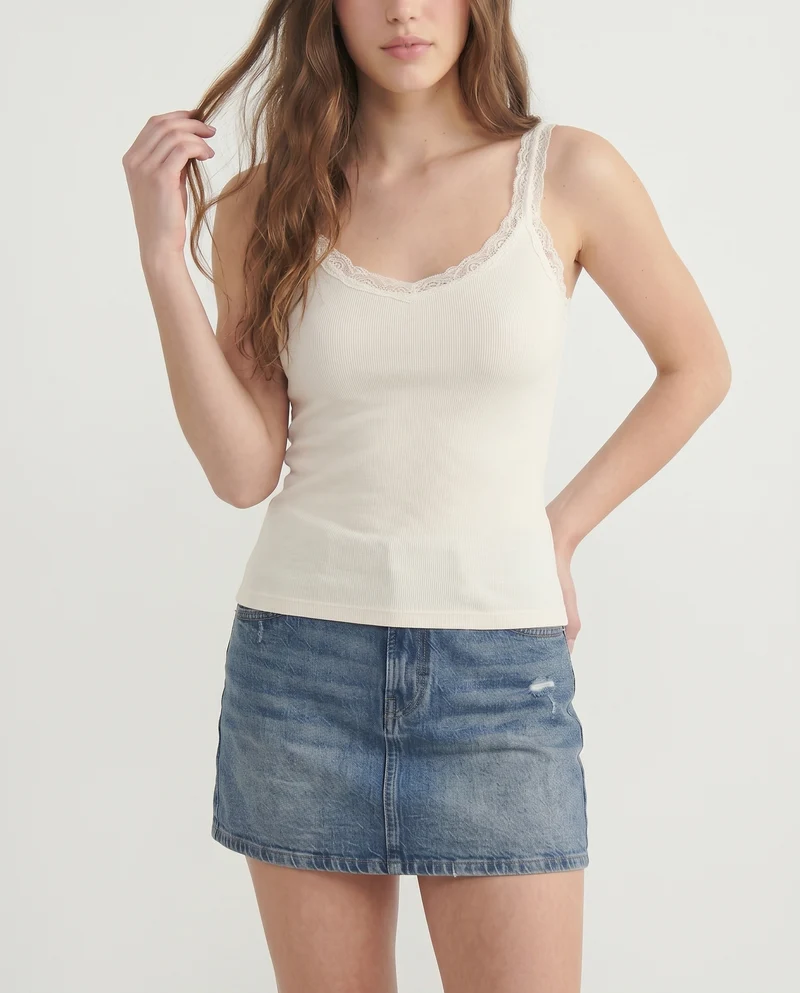 Top giromanica a costine con pizzo - Nero