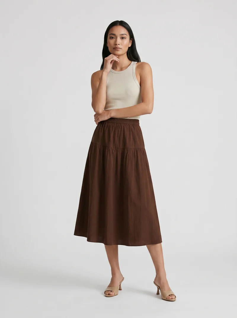 Gonna lunga in cotone con coulisse - Marrone cioccolato