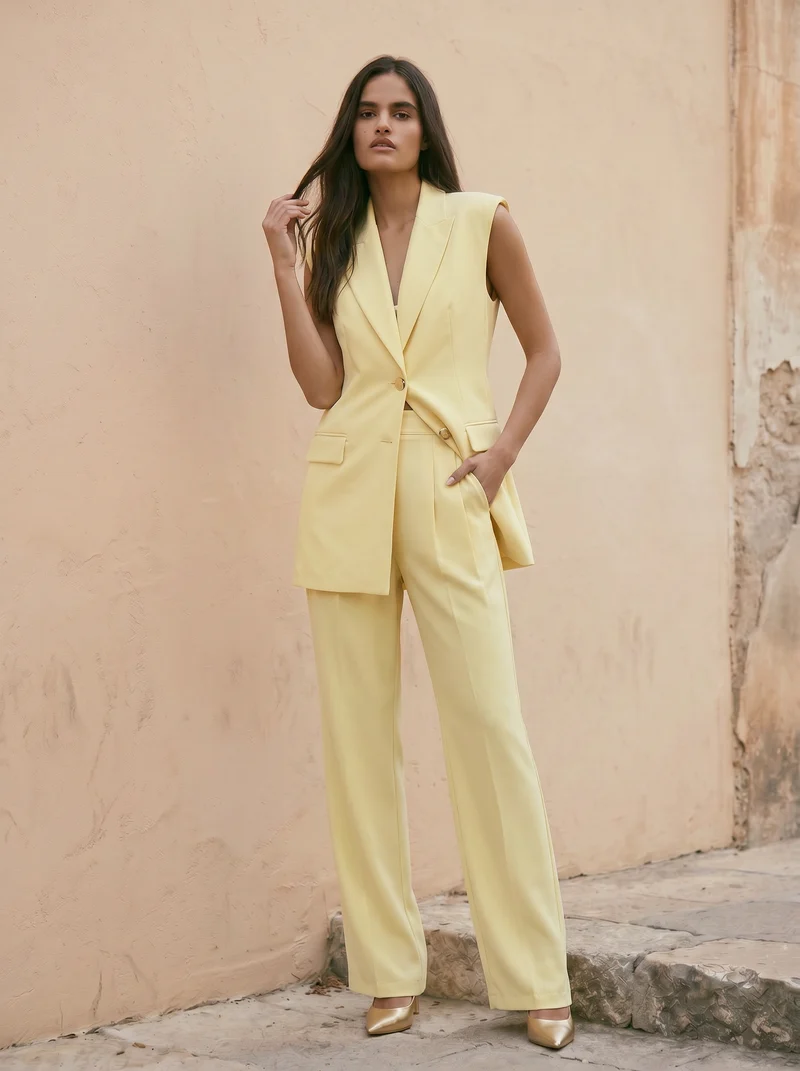 Pantalone classico vita alta gamba ampia donna - Giallo