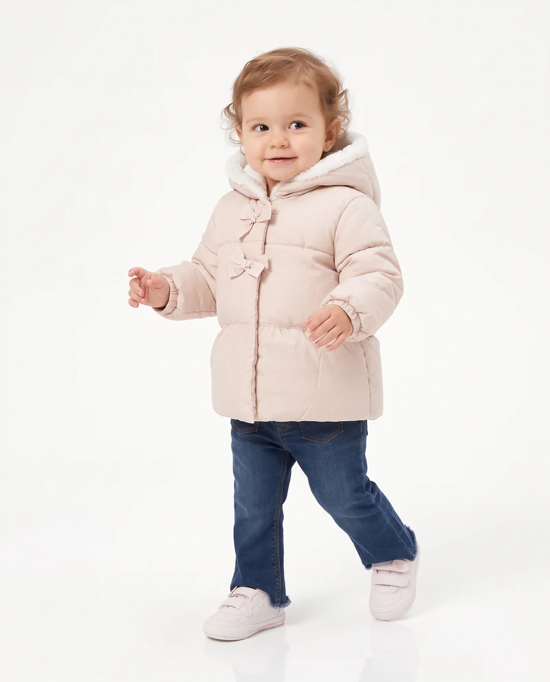 Giaccone caldo con fiocchi e cappuccio - Beige