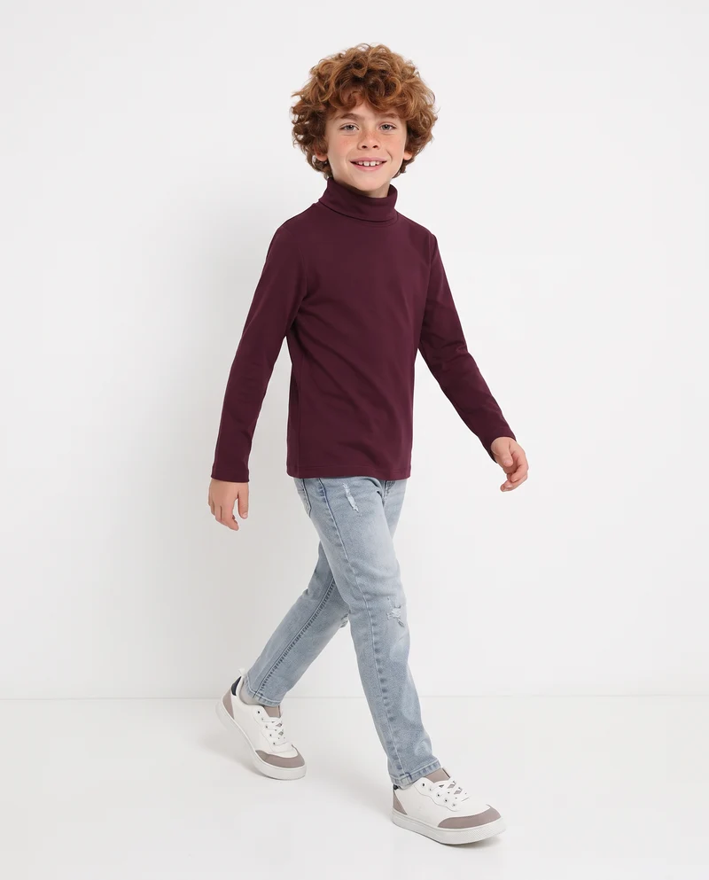 T-shirt collo alto in cotone interlock - Bordeaux