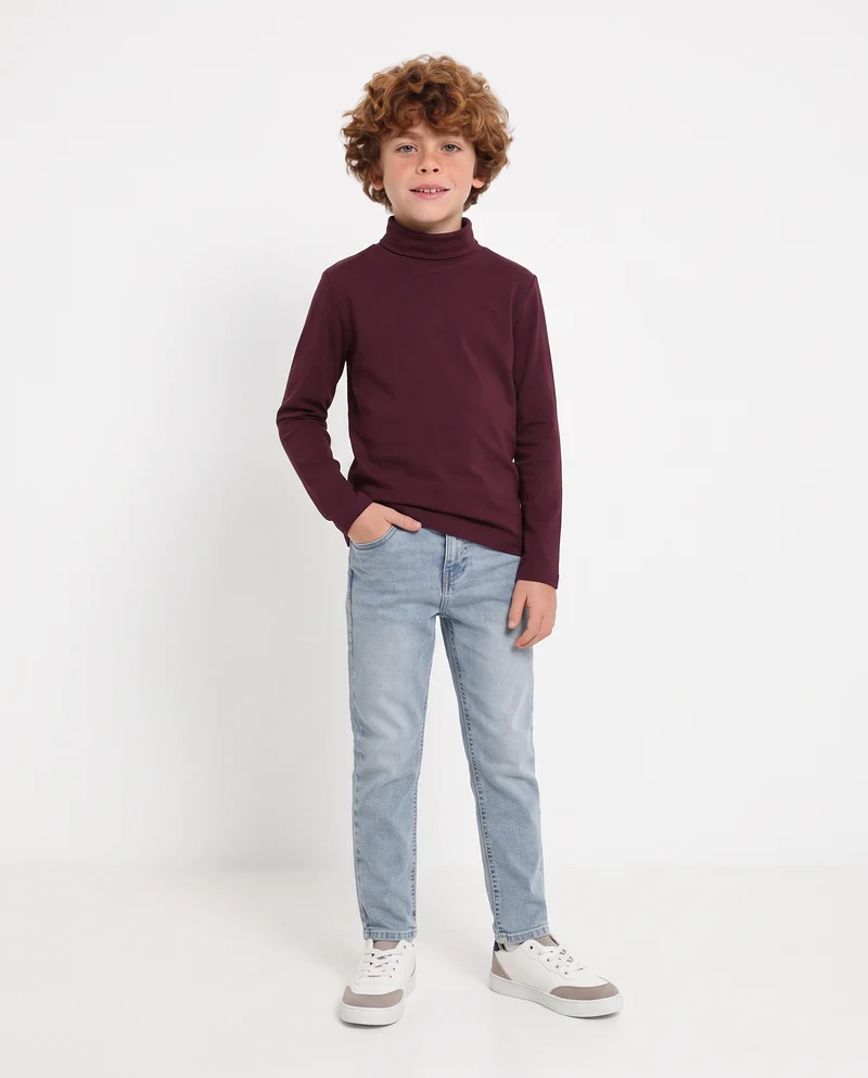 T-shirt collo alto in cotone interlock - Bordeaux