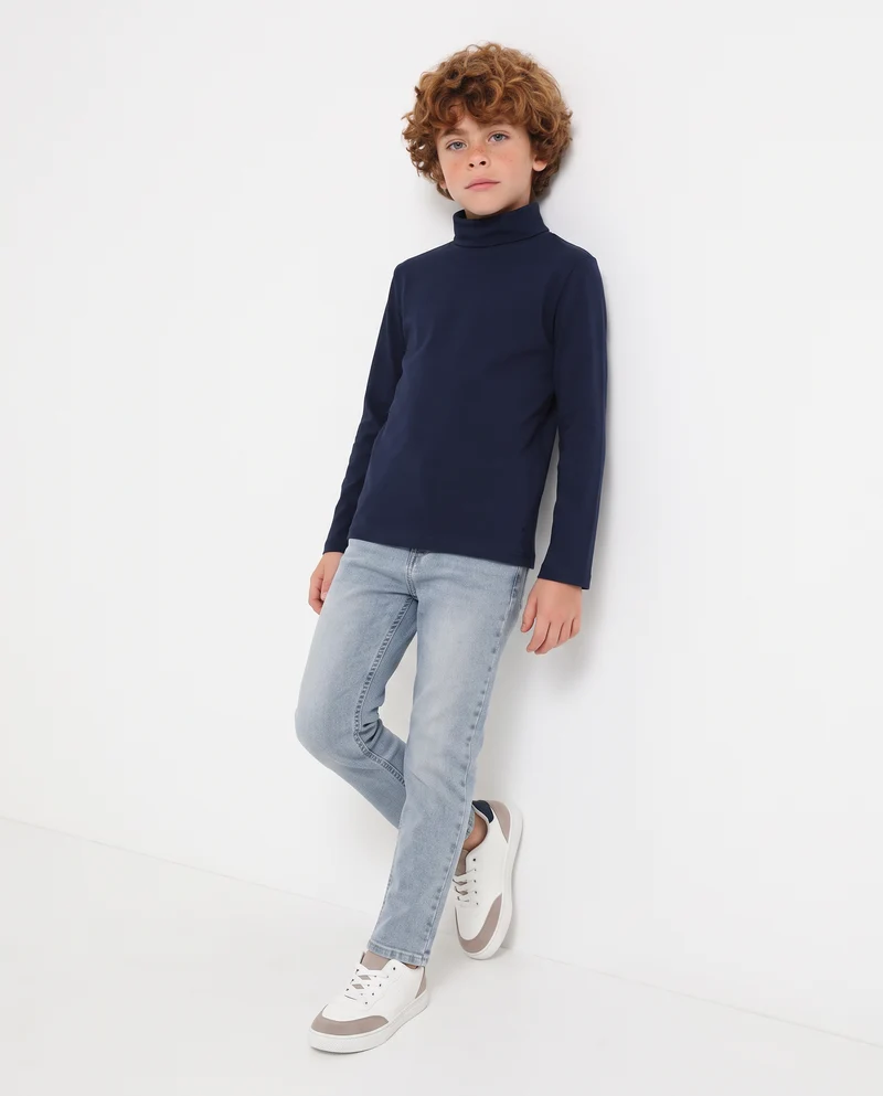 T-shirt collo alto in cotone interlock - Blu
