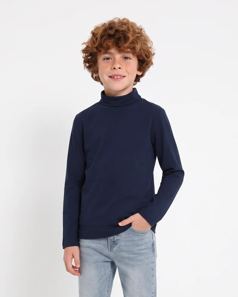T-shirt collo alto in cotone interlock - Blu