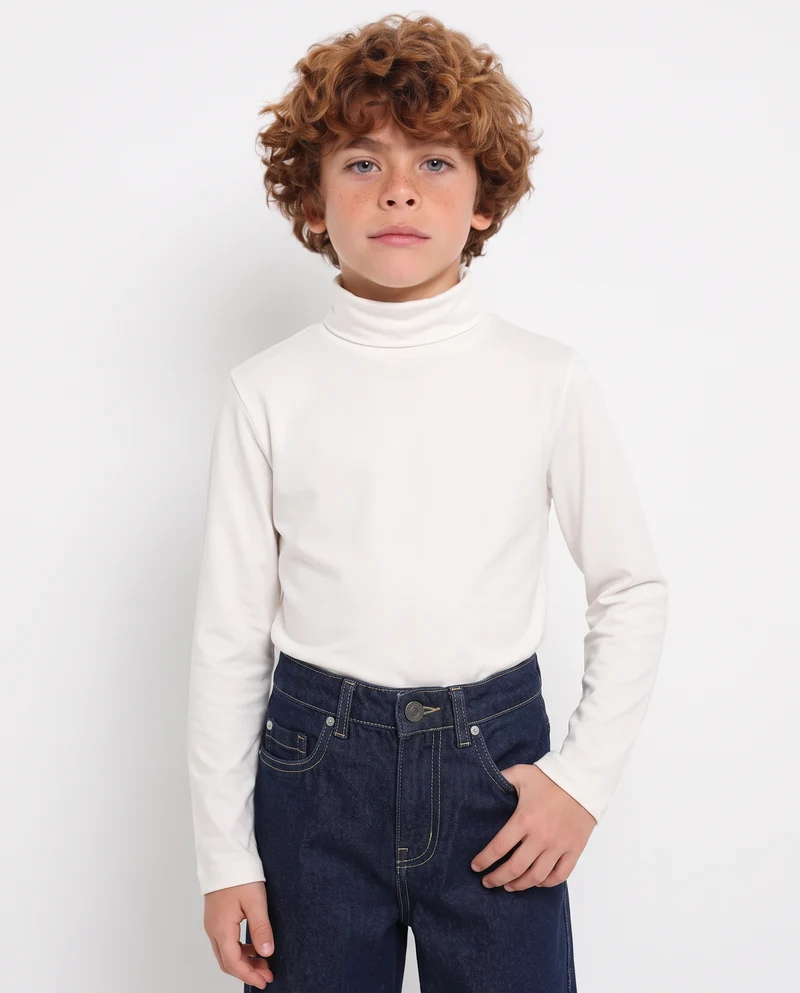 T-shirt collo alto in cotone interlock - Bianco latte