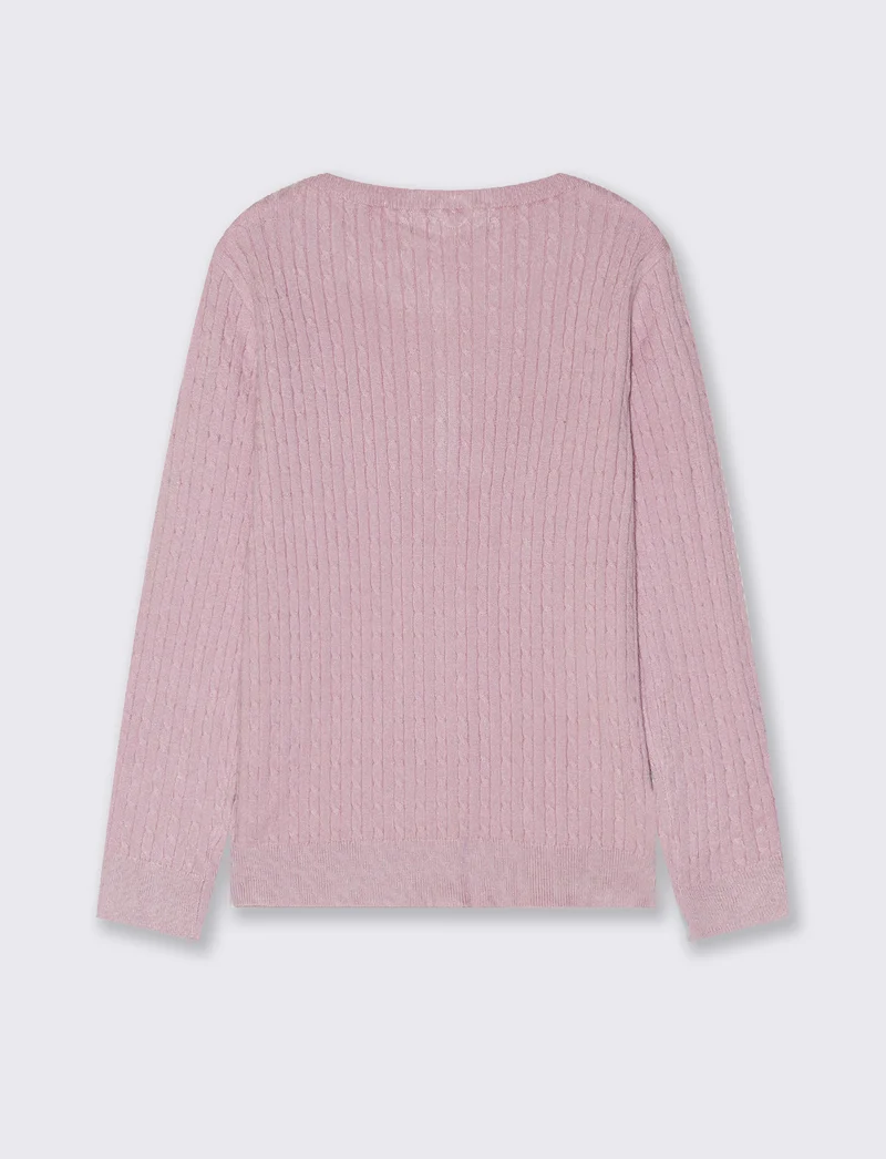 Cardigan girocollo a maniche lunghe treccia - Rosa polvere