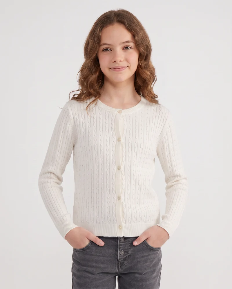 Cardigan girocollo a maniche lunghe treccia - Bianco latte