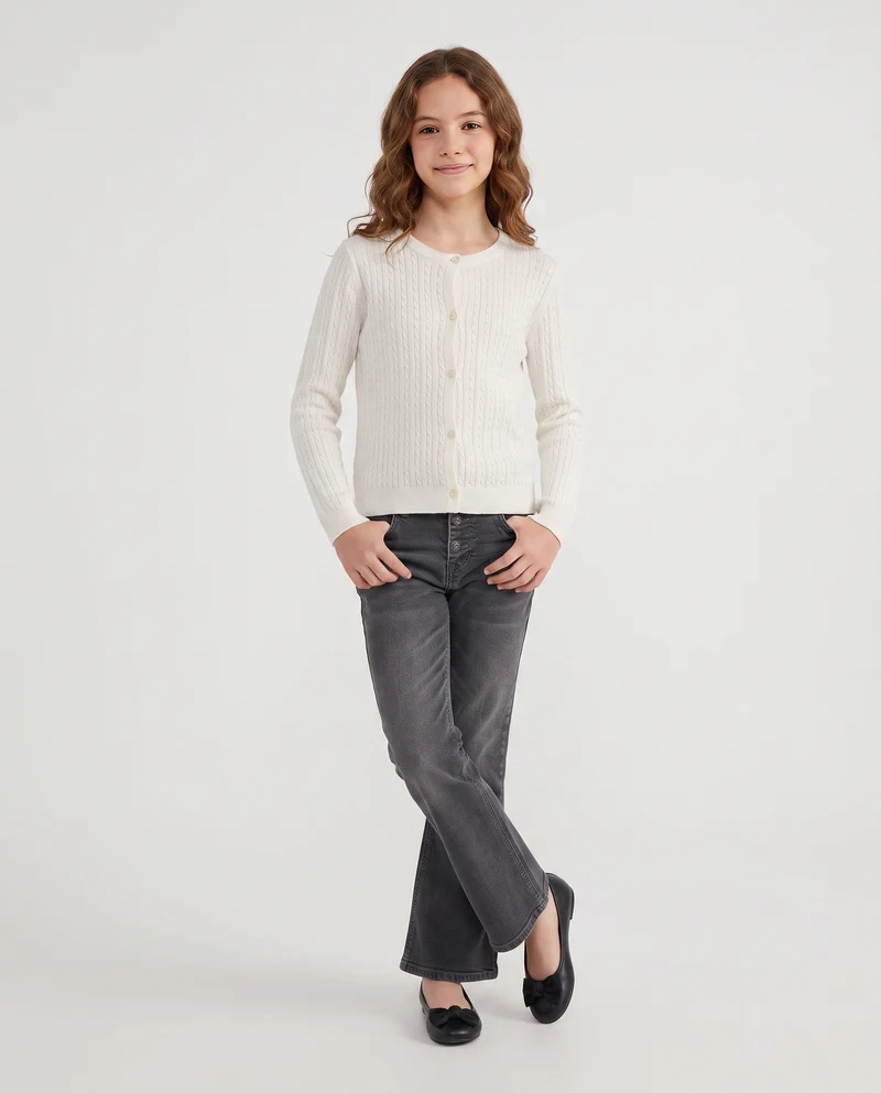 Cardigan girocollo a maniche lunghe treccia - Bianco latte