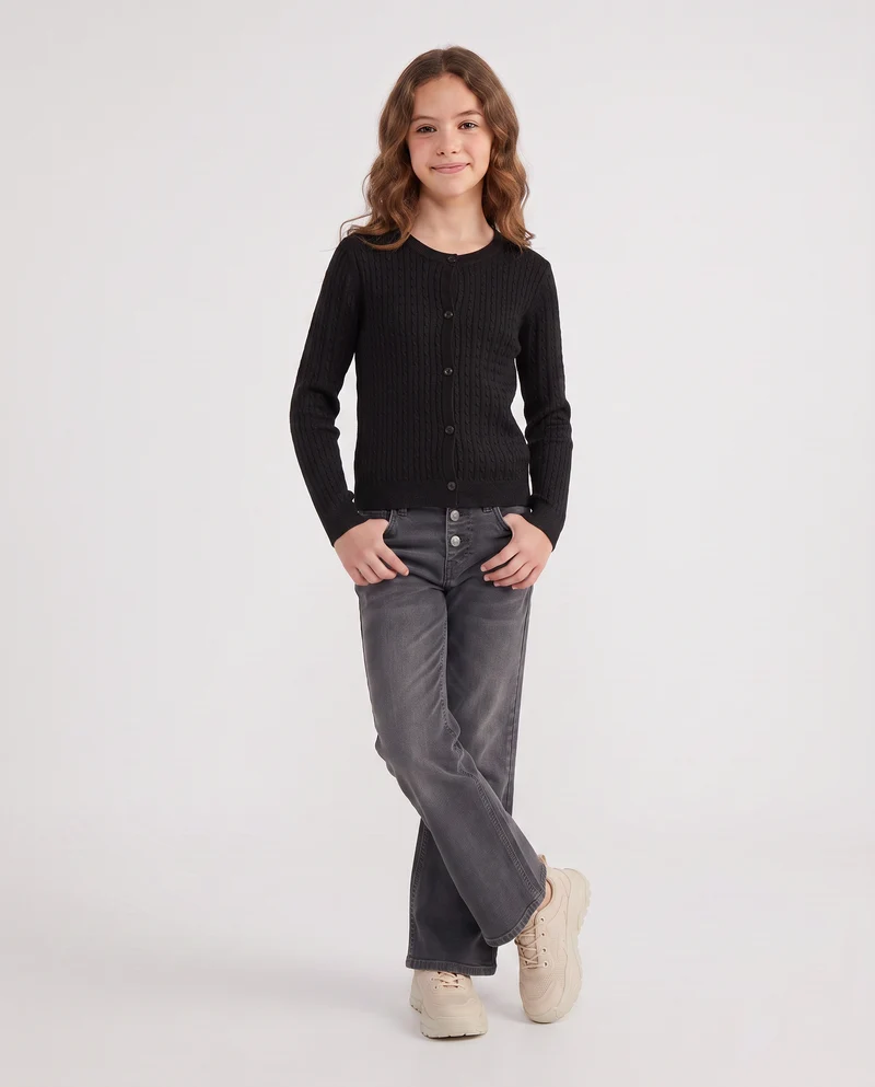 Cardigan girocollo a maniche lunghe treccia - Nero