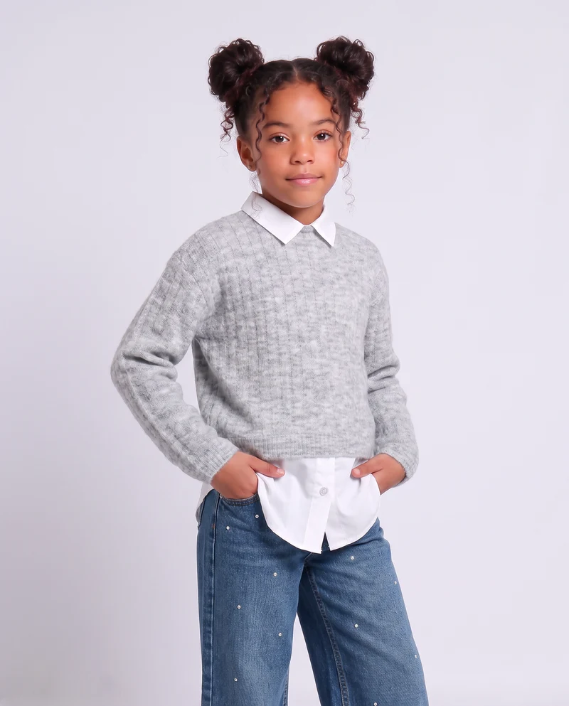 Maglia manica lunga con finta camicia - Grigio mel.
